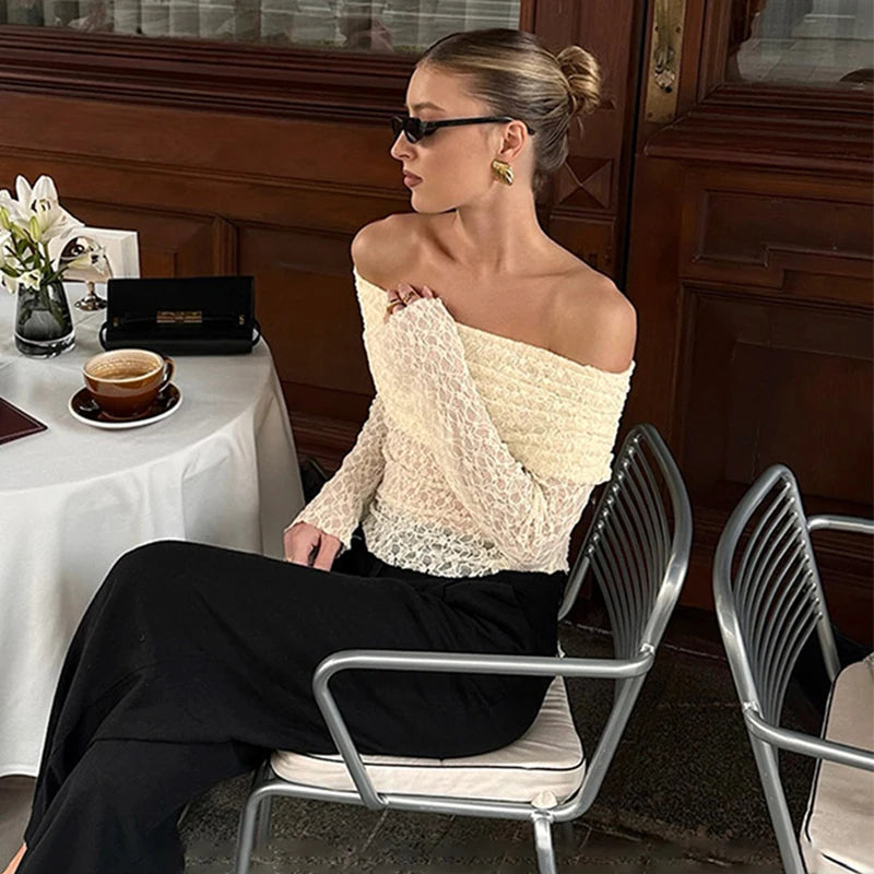 Glorol - Off-Shoulder Knitted Long-Sleeve Slim Top