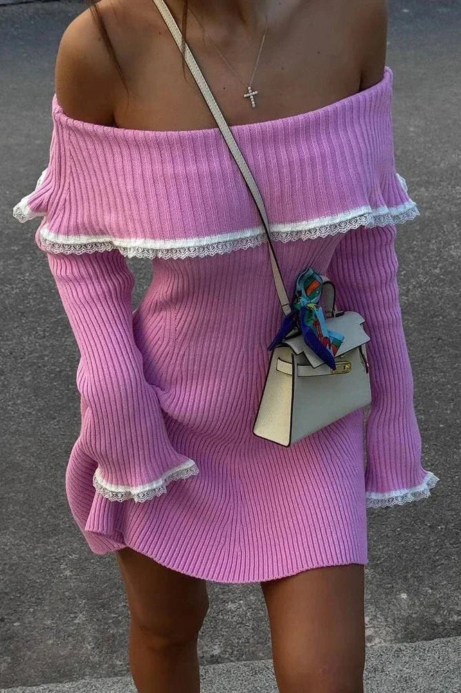 Off-Shoulder Lace Patchwork Slim Backless Mini Dress