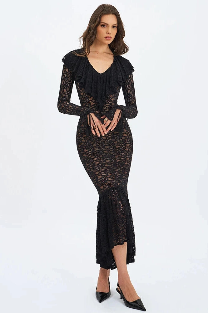 Glorol - Lace V Neck Long Flare Sleeve High Waist Maxi Dress