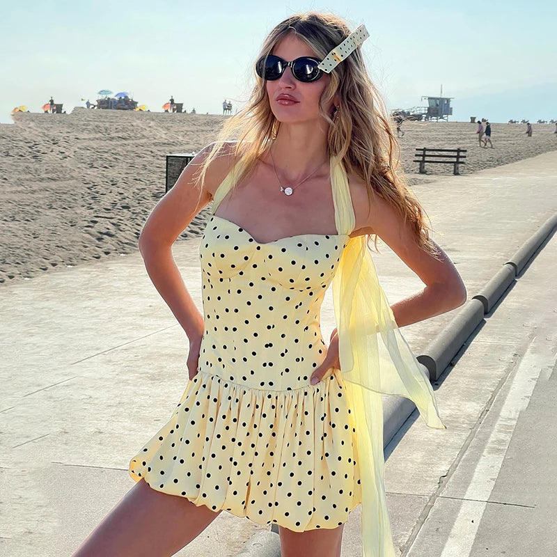 Glorol - Polka Dot High Waist Slim Sleeveless Mini Dress