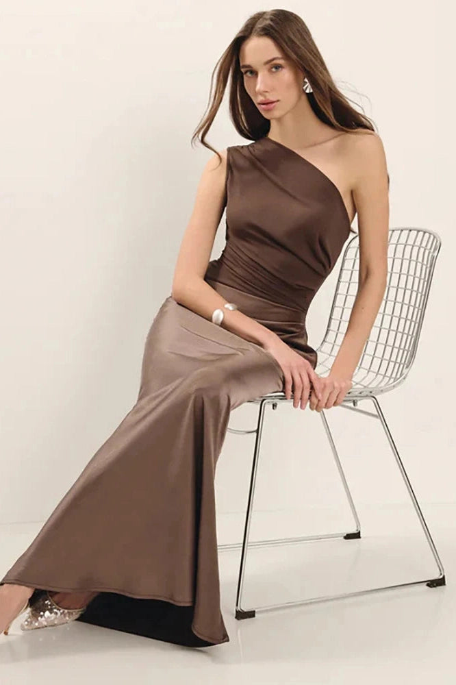 Glorol - Inclined Shoulder Patchwork Sleeveless Backless Bodycon Maxi Dress