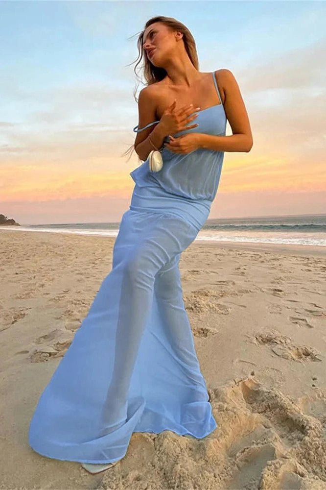 Glorol - See-Through Patchwork Spaghetti Straps Maxi Dress
