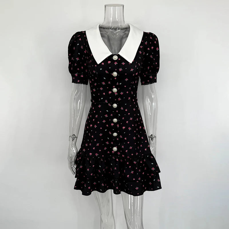 Glorol - Printed Short Sleeve V Neck High Waist Mini Dress