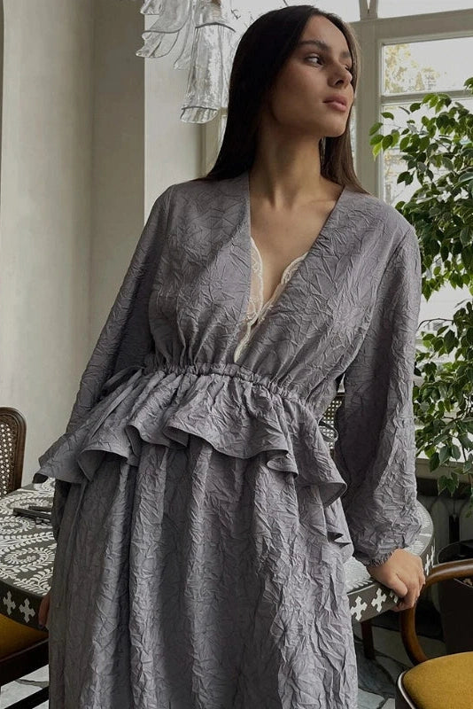 Glorol - Lantern Sleeves Lace V-Neck Midi Dress
