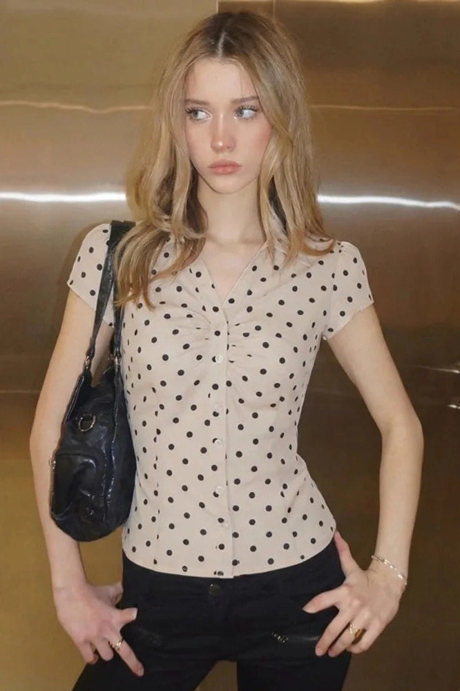 Glorol - Polka Dot Short Sleeve Single-Breasted Lace-Up Top