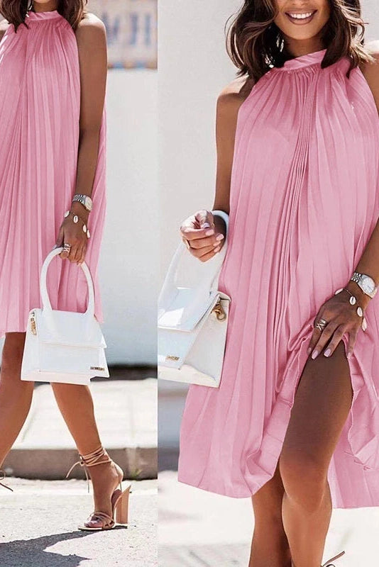 Glorol - Pleated A Line Loose Strapless Sleeveless Midi Dress