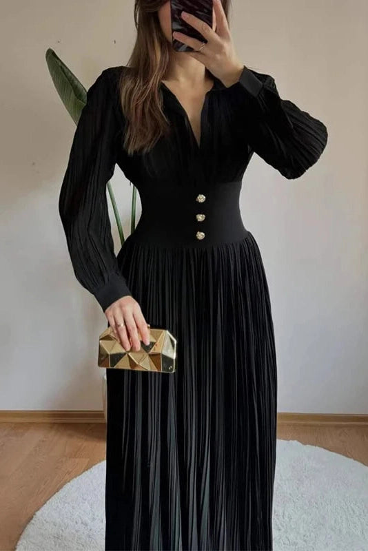 Glorol - Long Sleeve High Waist Pleated V-Neck Maxi Dress