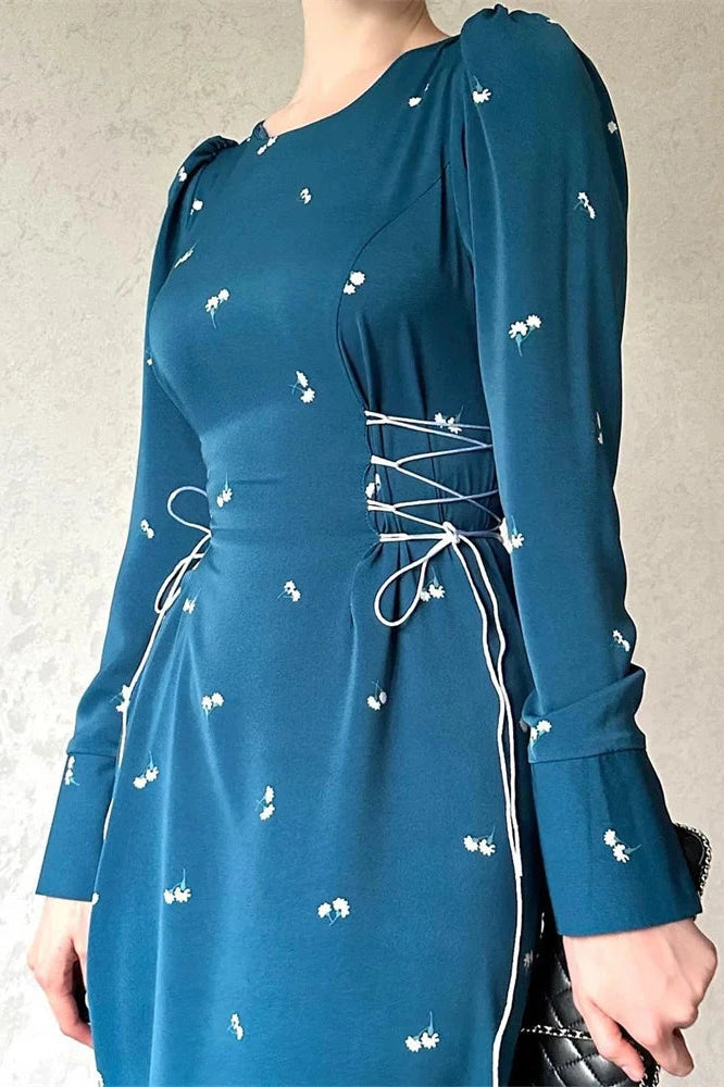 Glorol - Printed Slim Patchwork Lace-Up Long Sleeve Maxi Dress