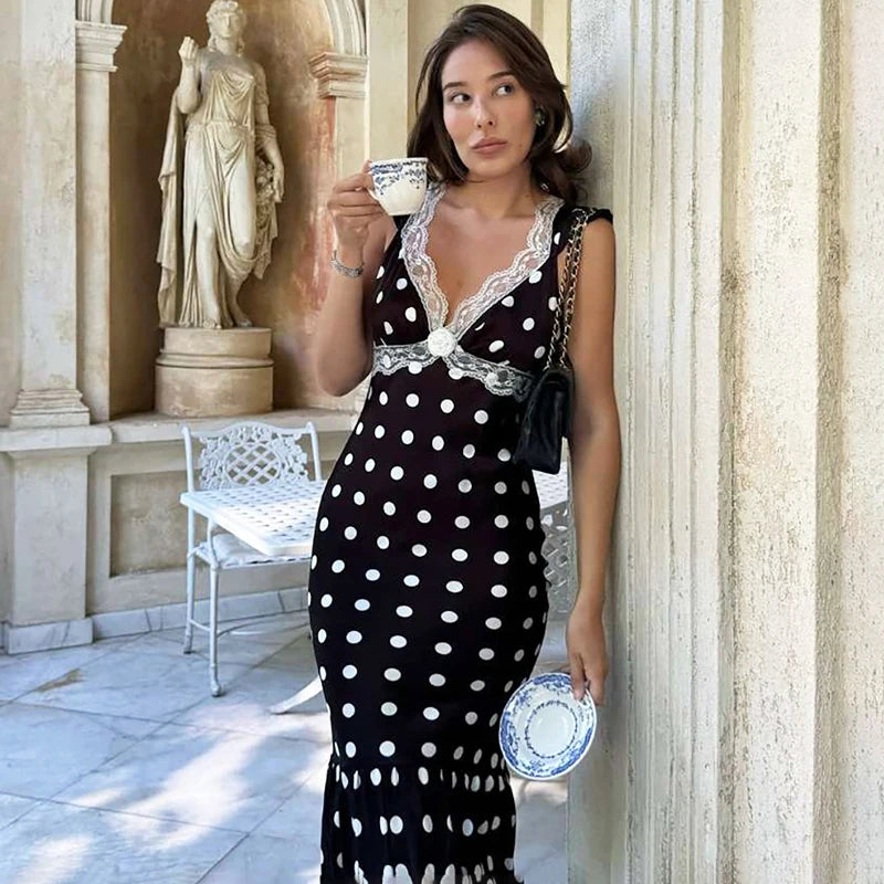 Glorol - Lace Patchwork Polka Dot V-Neck Backless Midi Dress