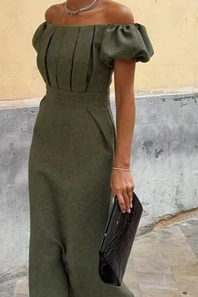 Glorol - Elegant Slim High Waist Off-Shoulder Puff Sleeve Maxi Dress