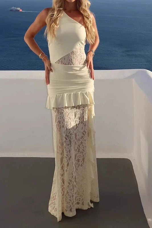 Glorol - Off Shoulder Slash Collar Lace Fit Maxi Dress