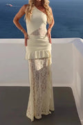 Glorol - Off Shoulder Slash Collar Lace Fit Maxi Dress