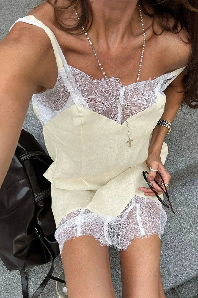 Glorol - Lace Printed Patchwork See-Through Mini Dress
