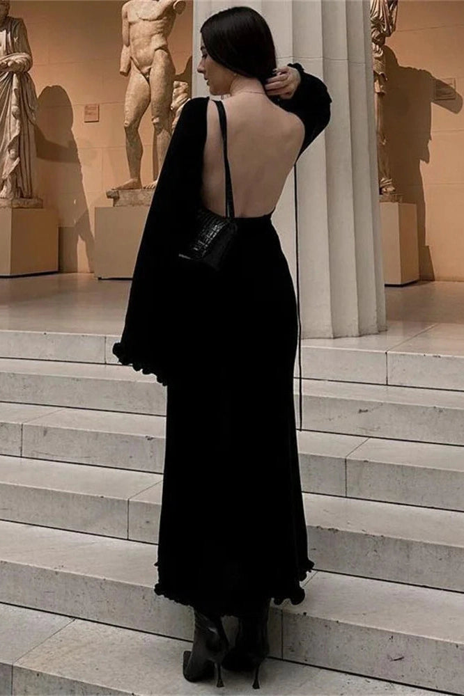 Glorol - Backless Knit Lace-Up High Waist Long Sleeve Maxi Dress