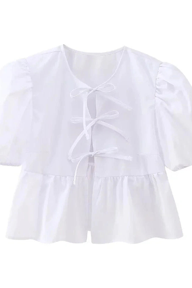 Glorol - Hollow Out Printed Short Sleeve Lace-Up Slim Top
