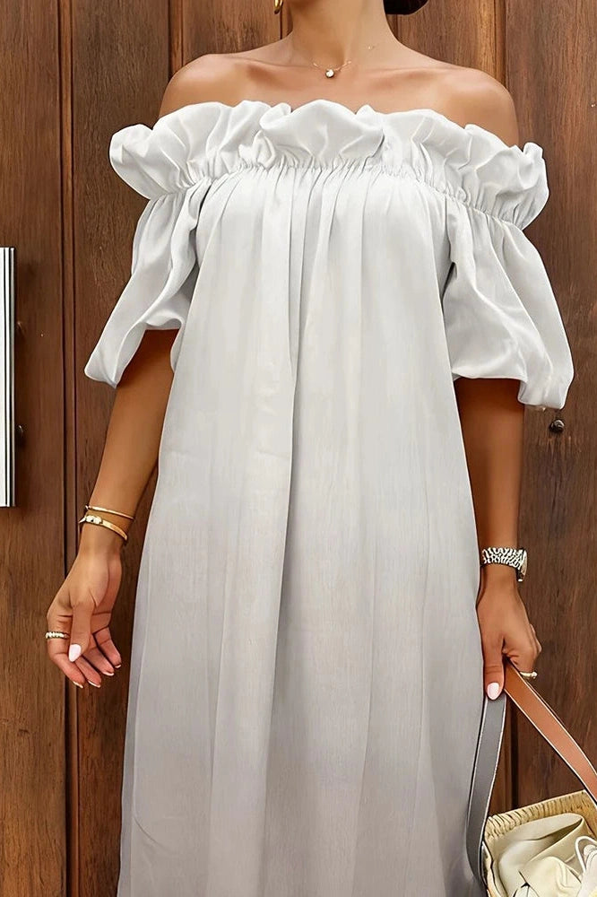 Glorol - Off-Shoulder Pleated Loose Slash Collar Printed Maxi Dress