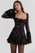 Glorol - Elegant Backless Flare Sleeve Print A-line Mini Dress