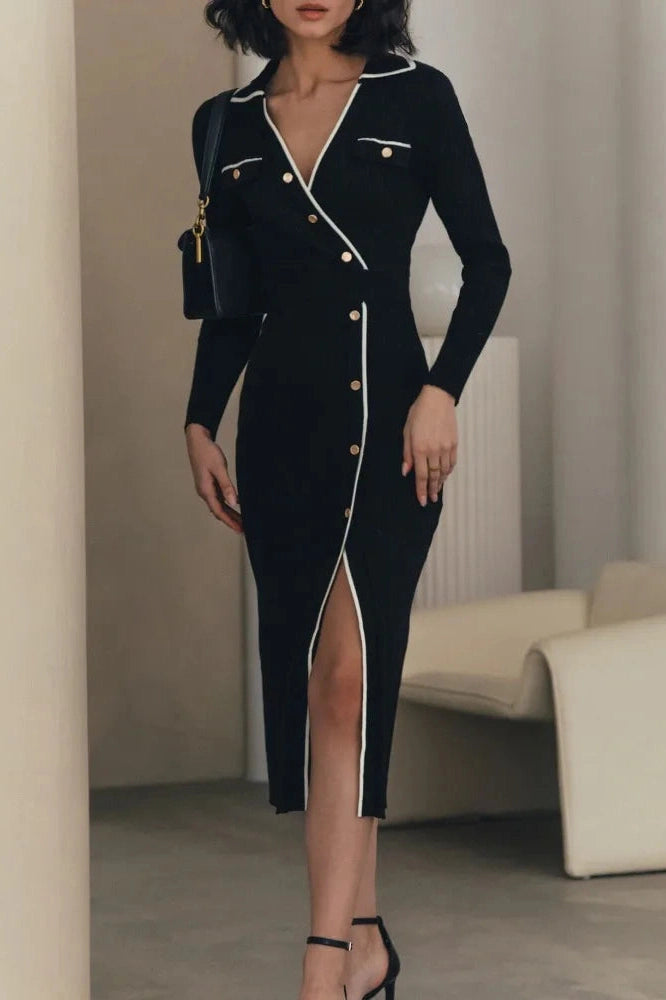 Glorol - Patchwork Knit Slim Lace-Up High Waist Split Midi Dress