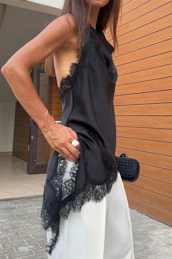 Glorol - Lace Patchwork Backless Slim V-Neck Top