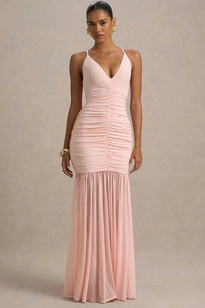 Glorol - Spaghetti Strap Backless Patchwork V Neck Pleated Maxi Dress