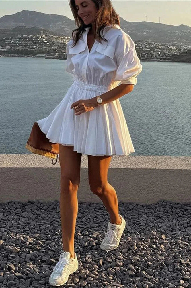 Glorol - Pleated Patchwork Slim Short Sleeve High Waist Mini Dress