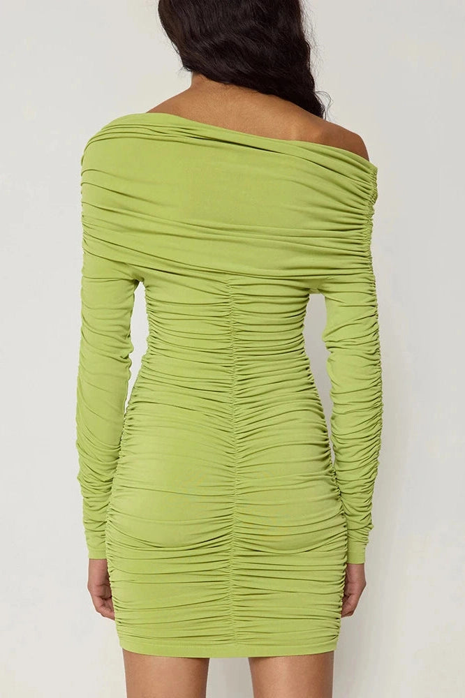 Glorol - Inclined Shoulder Long Sleeve Backless Mini Dress