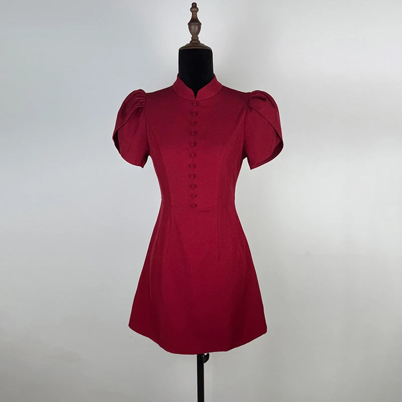 Glorol - Puff Sleeves High Waist Slim Mini Dress