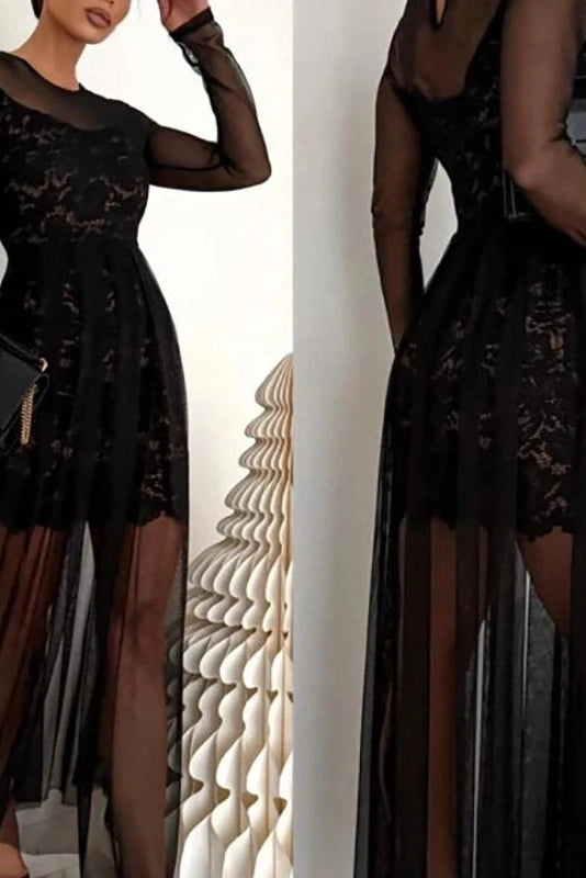 Glorol - Elegant Slim See-Through Long Sleeve High Waist Pleated Maxi Dress