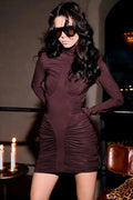 Glorol - Printed Turtleneck Backless Long Sleeve Bodycon Mini Dress