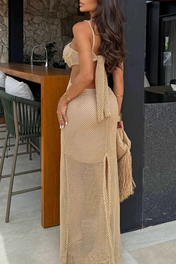 Hollow Out Backless V-Neck Knitted Maxi Dress