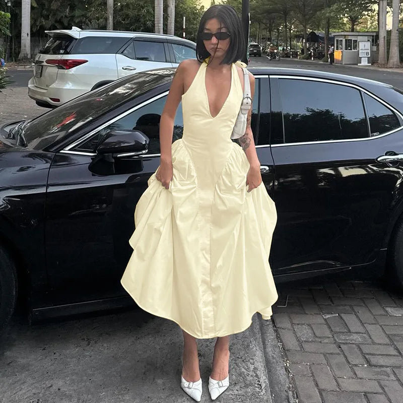 Glorol - Deep V Neck A-Line Pleated Midi Dress