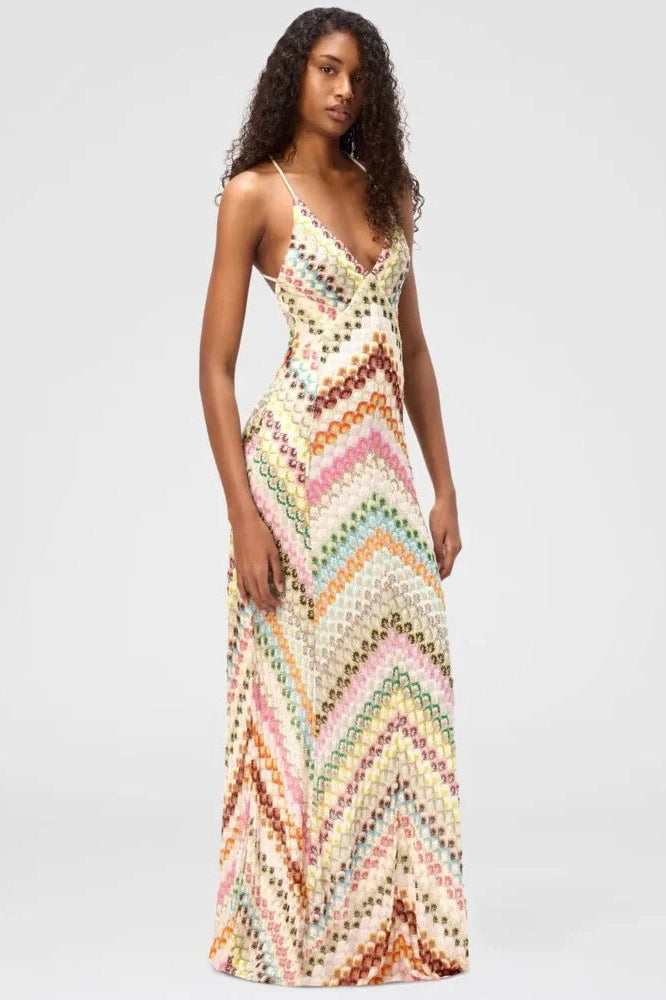 Glorol - Backless Knit Spaghetti Strap Sleeveless High Waist Maxi Dress