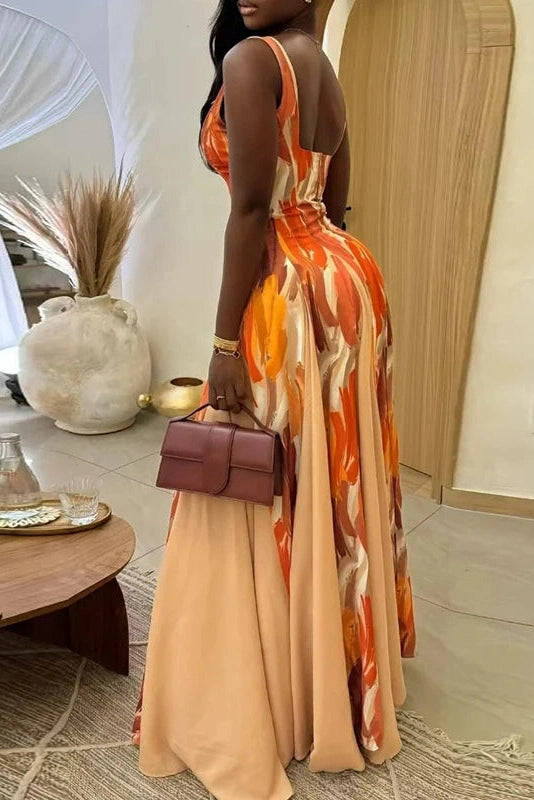 Glorol - Printed High Waist Pleated Slim Sleeveless Maxi Dress