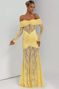 Glorol - Off-Shoulder Long Sleeve Lace See Through Strapless Bodycon Maxi Dress