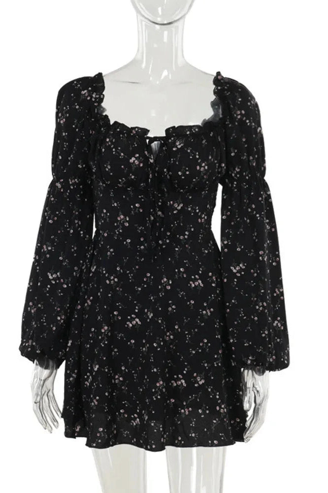Glorol - Long Puff Sleeve Square Collar Backless Mini Dress