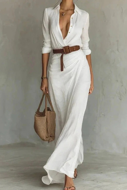 Glorol - Elegant Long Sleeve High Waist Single Breasted Maxi Dress