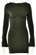Glorol - Full Sleeve O Neck Corset Backless Bodycon Mini Dress