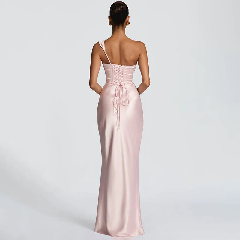Glorol - One Shoulder Sleeveless Pleated Lace-Up Maxi Dress