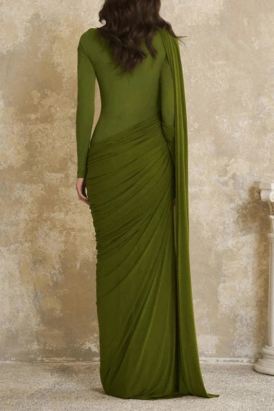 Glorol - Long Sleeve High Waist Slim Pleated Maxi Dress