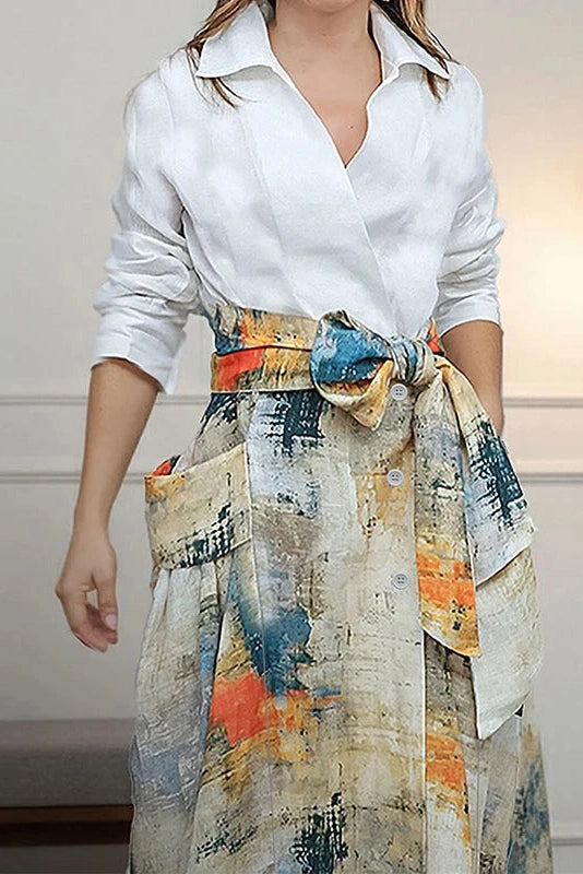 Glorol - Long Sleeve Lace Up Printed High Waist Pleated Midi Dress