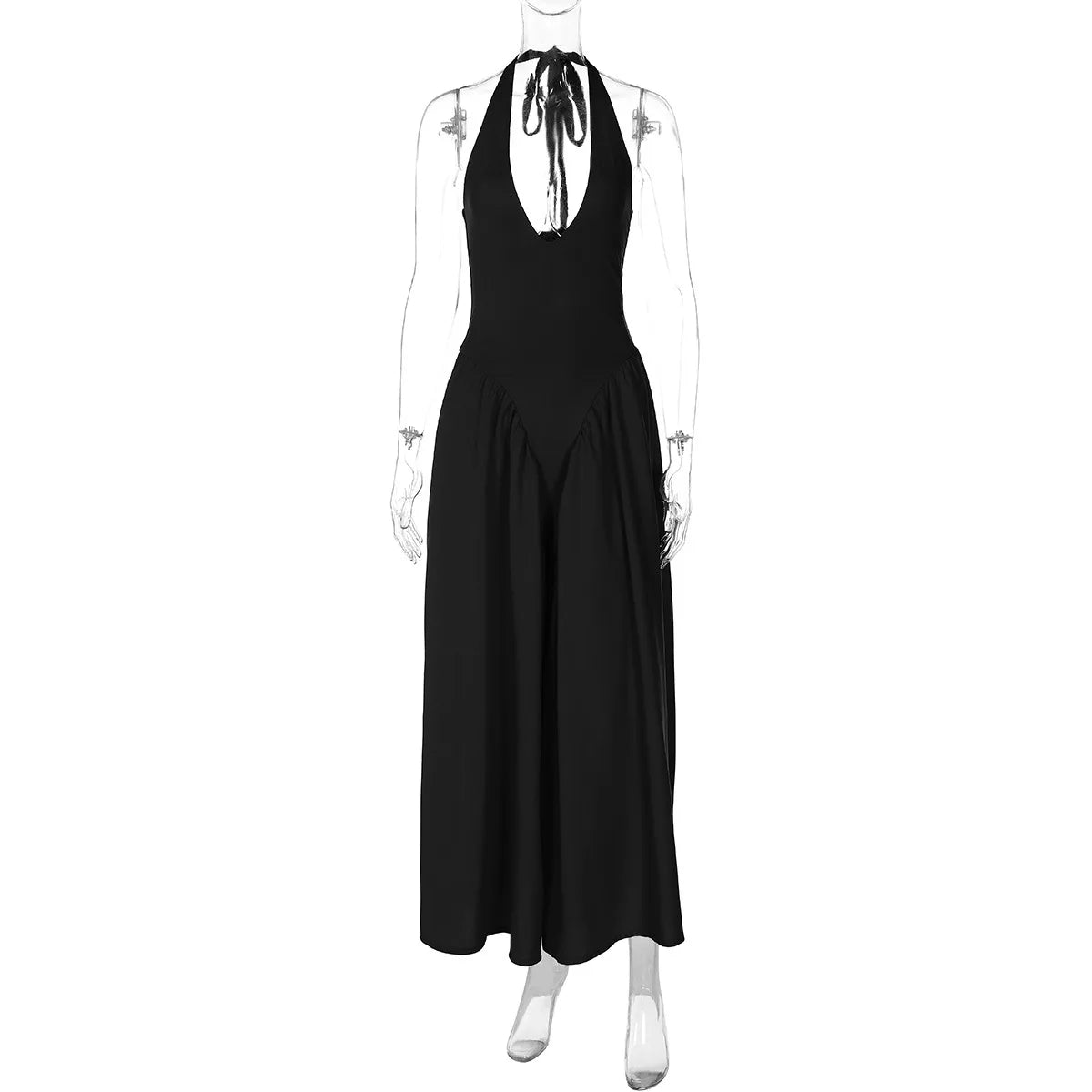 Glorol - Deep V Neck A-Line Pleated Midi Dress
