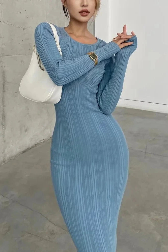 Glorol - Long Sleeve Slim High Waist Patchwork Midi Dress