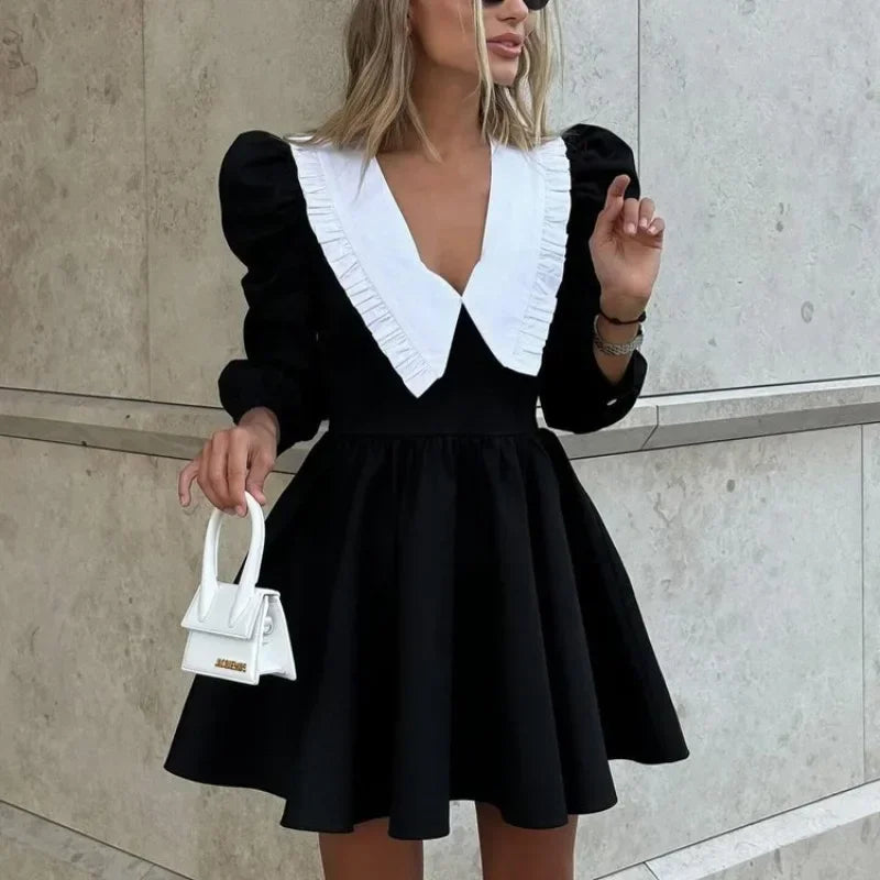 Glorol - Patchwork Long Sleeve Pleated Mini Dress