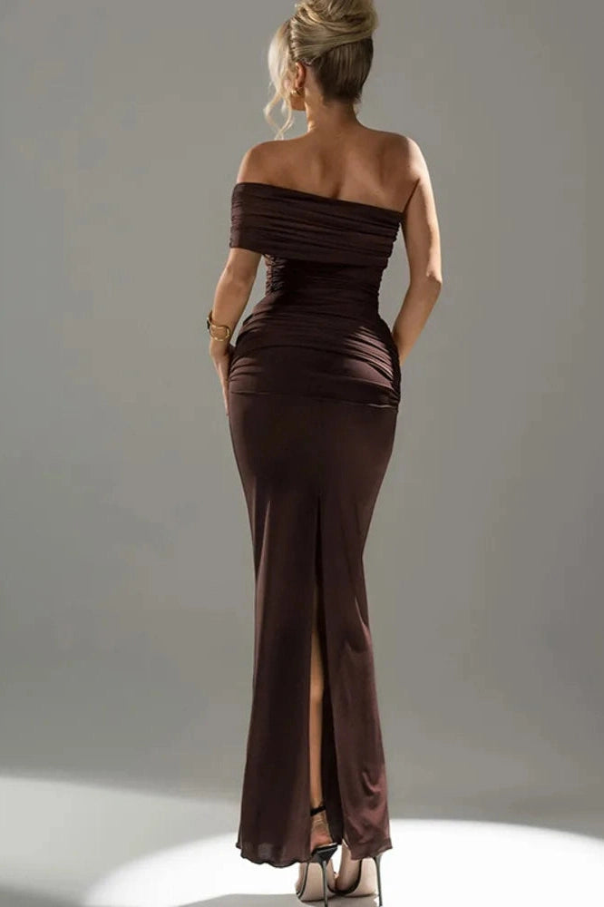 Glorol - Oblique Shoulder Split Sleeveless Slim Fit Maxi Dress