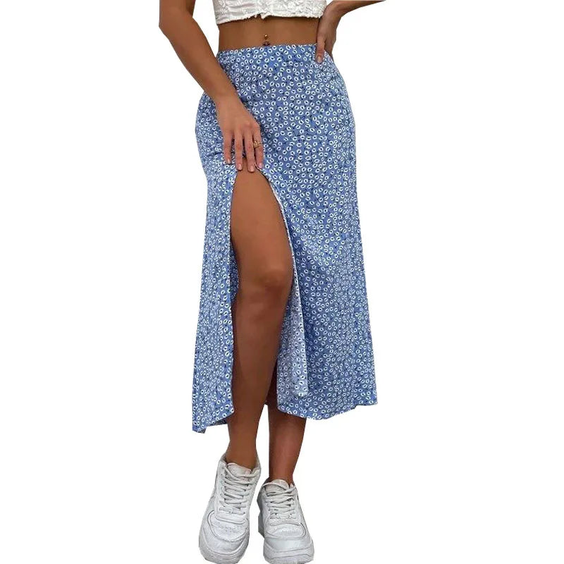 Glorol - Floral Cross-border Slit A-line Skirt