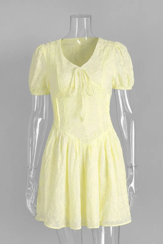 Glorol - Lace-Up Printed V-Neck Slim Short Sleeve Mini Dress