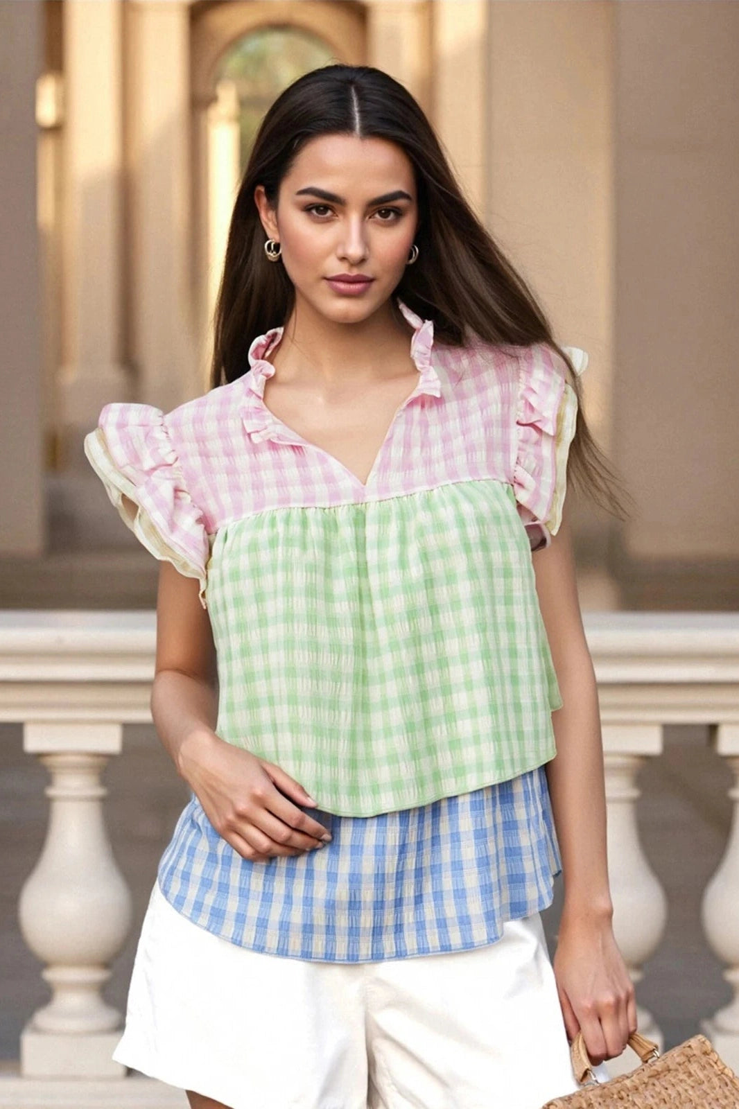 Glorol - Plaid V-Neck Sleeve Patchwork Loose Top