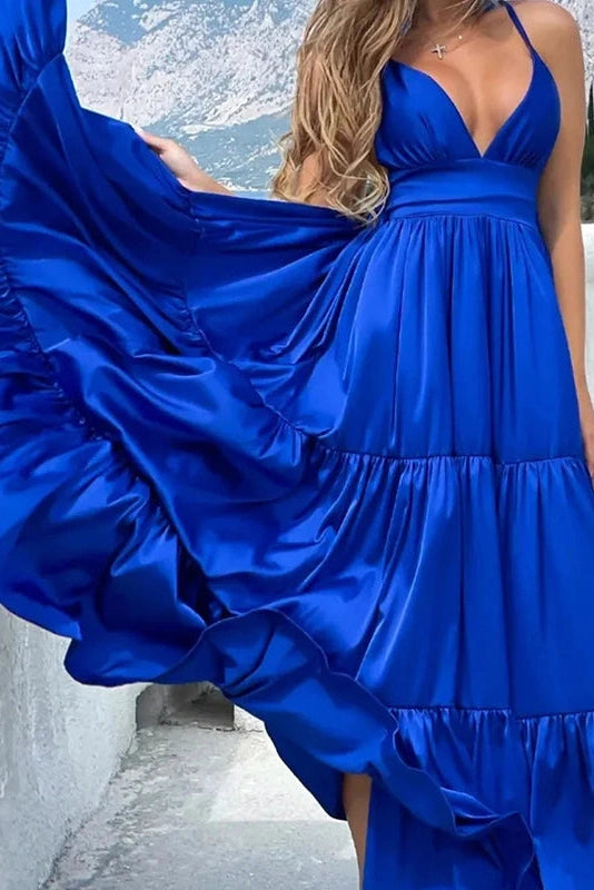 Glorol - Pleated V-Neck Sleeveless High Waist Maxi Dress