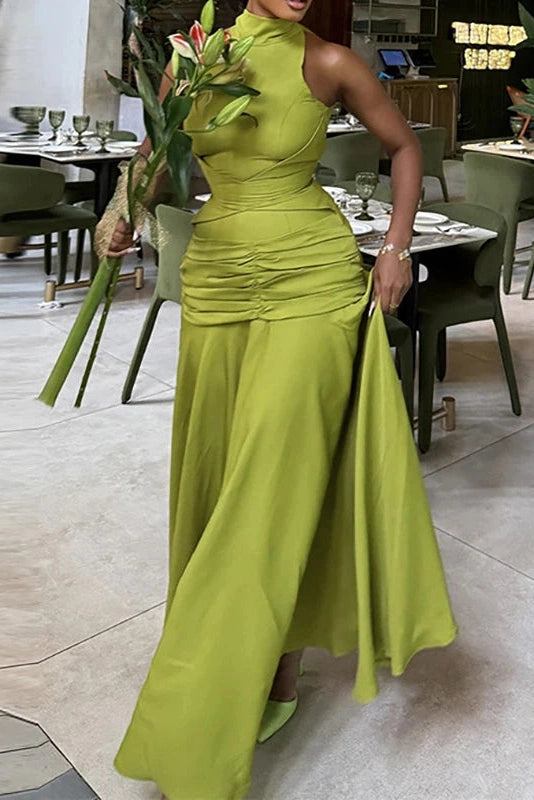 Glorol - Hollow Out High Waist Lace Up Sleeveless Pleated Maxi Dress