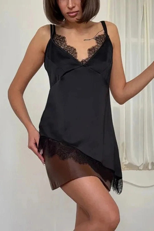 Glorol - Lace V-Neck Backless High Waist Patchwork Mini Dress